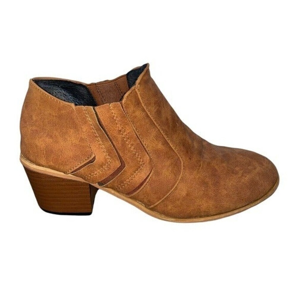 Ankle booties small heel pleather tan heeled boots SZ 7.5